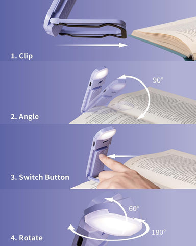 HEMONNKAM Book Reading Light, Rechargeable Clip on Booklight, Eye Caring 3 Color Temperatures & 5 Brightness Levels, Night Use for Bed, Long Lasting, Reading at Night in Bed, Romantic Purple