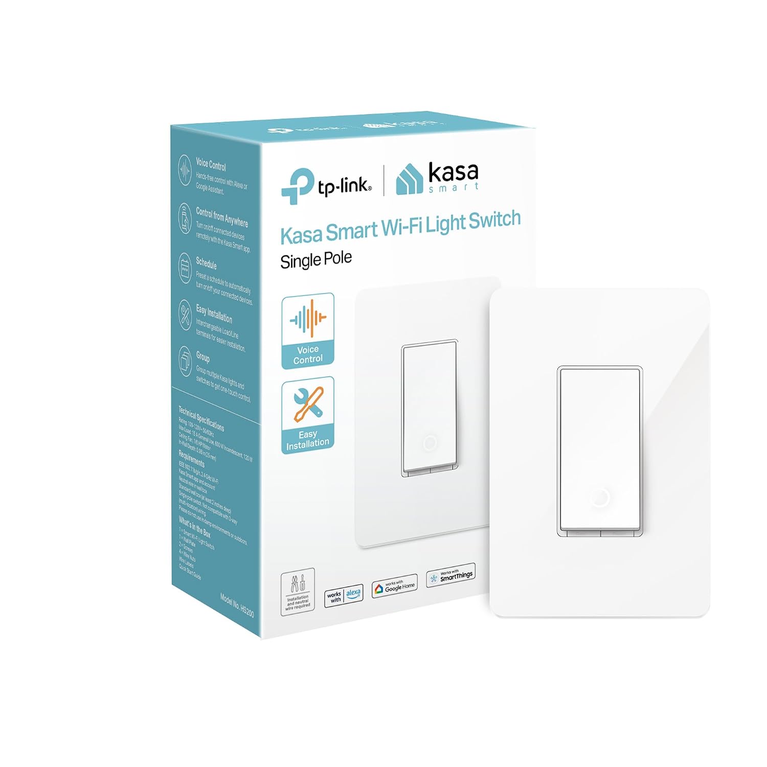 Kasa Smart Light Switch, Single Pole, Need Neutral Wire, HS200