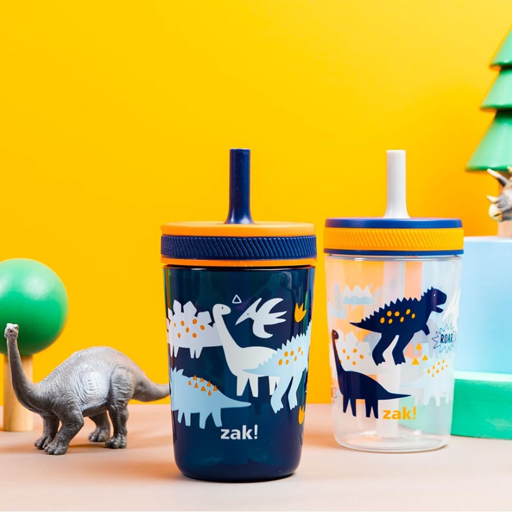 Zak Designs Kelso Toddler Cups For Travel or At Home, 15oz 2-Pack Durable Plastic Sippy Cups With Leak-Proof Design is Perfect For Kids (DinoRoar, Zaksaurus)