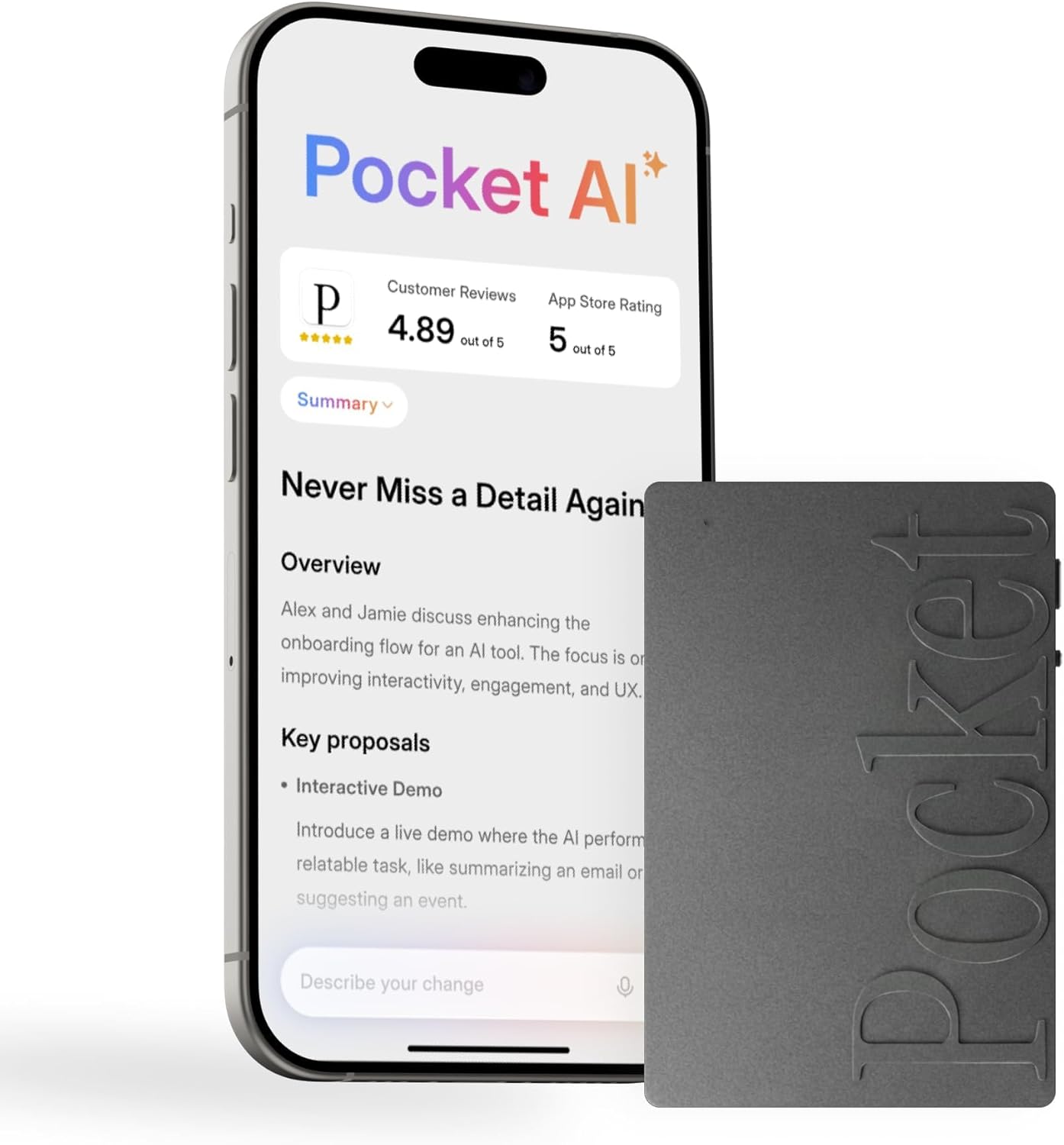Pocket AI Voice Recorder, Auto Transcription, AI Note Taker, Space Grey