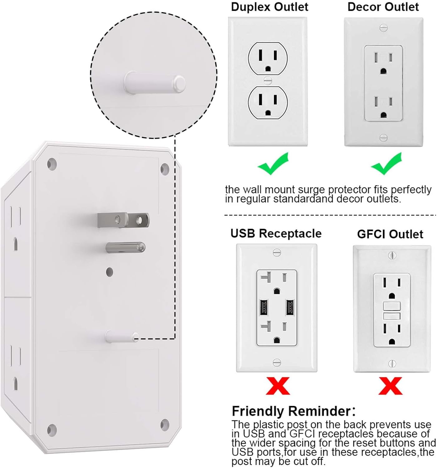 Outlet Extender Surge Protector - NUOZHI 6 Outlet Splitter with 4 USB Ports(2 USB-C), Multi Plug Wall Outlet 1680J Power Strip for Home Office Dorm Room Essentials, ETL, White