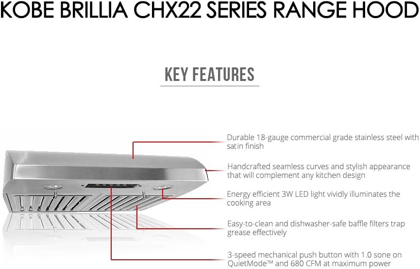 KOBE CHX2230SQB-1 Brillia 30-inch Under Cabinet Range Hood, 3-Speed, 680 CFM, LED Lights, Baffle Filters, Stainless Steel