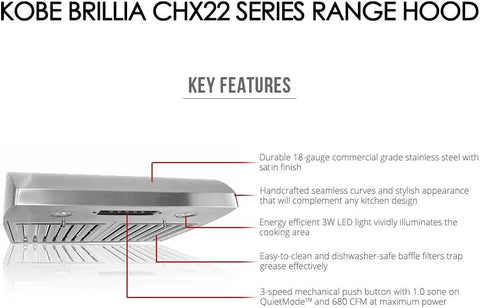 KOBE CHX2230SQB-1 Brillia 30-inch Under Cabinet Range Hood, 3-Speed, 680 CFM, LED Lights, Baffle Filters, Stainless Steel