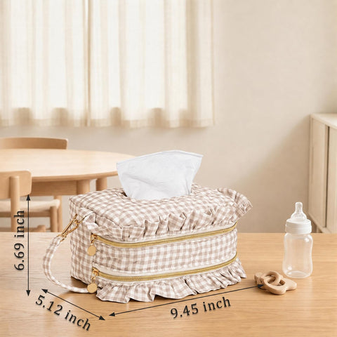 Double-Layer Wipe Holder Quilted Wipes Bag Small Hanging Diaper Bag Portable Wipe Pouch for Stroller, Home, Travel (Brown Plaid)