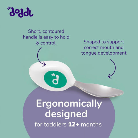 doddl Toddler Utensils, Ergonomic Fork and Spoon Set for Self Feeding, Stainless Steel Silverware for 1-3 Year Olds, BPA Free, Dishwasher Safe (Aqua)
