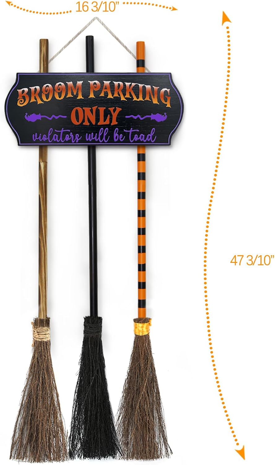 Halloween Decorations - Broom Parking Sign with 3 Wooden Witches Brooms