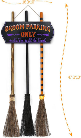 Halloween Decorations - Broom Parking Sign with 3 Wooden Witches Brooms