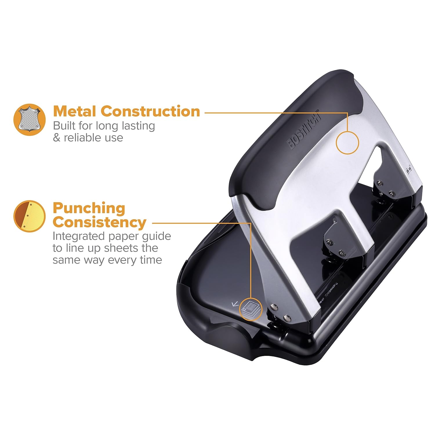 Bostitch Office EZ Squeeze Heavy Duty 3-Hole Punch for Home Office & School, 40-Sheet Capacity, One-Touch Reduced Force, Sleek Silver Design