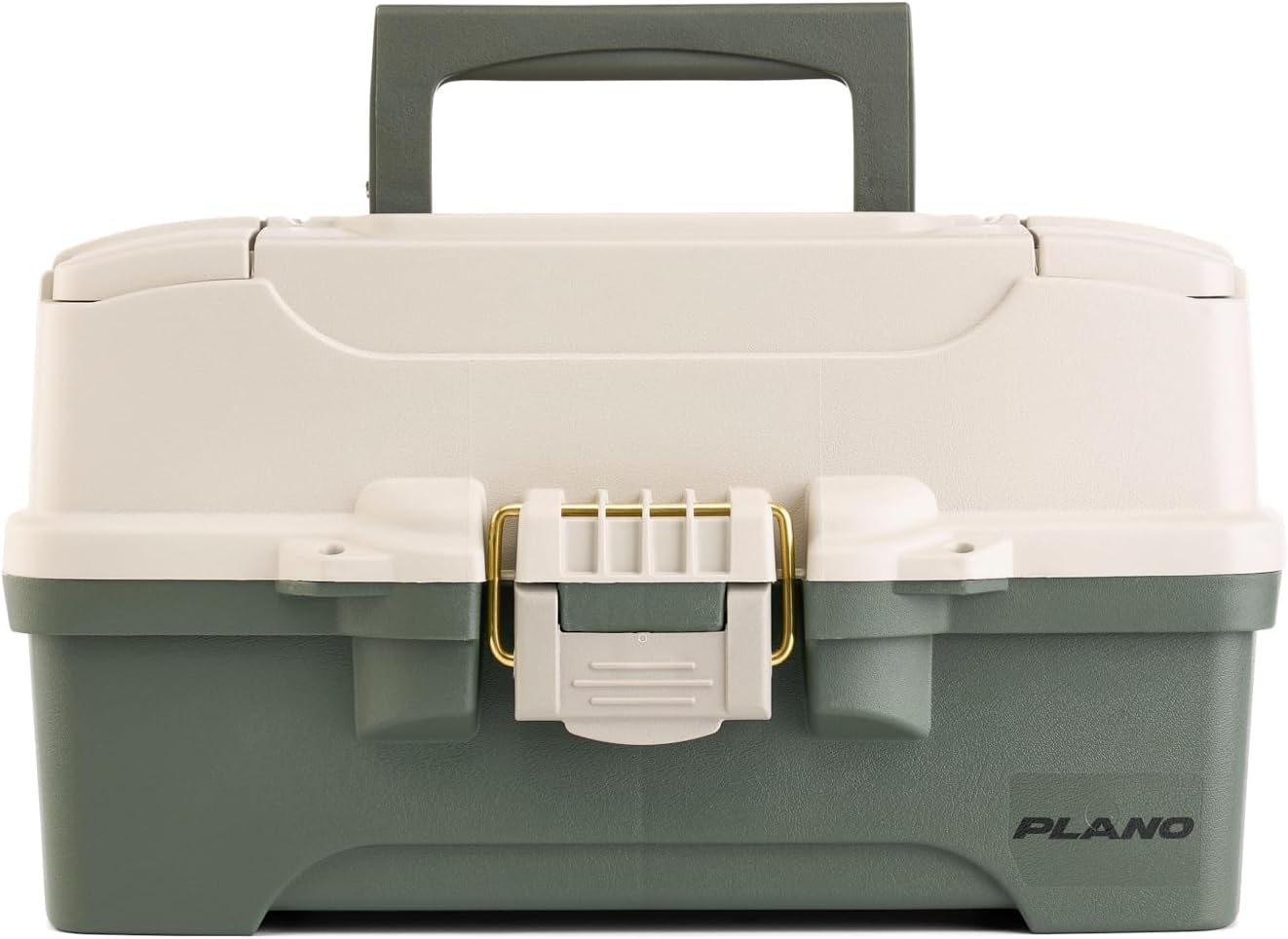 Plano Two-Tray Tackle Box, Green/Tan, Rust-Proof Brass Latch, Top-Access Tray with Deep Storage, Made in the USA, Portable Fishing Gear Storage Organizer