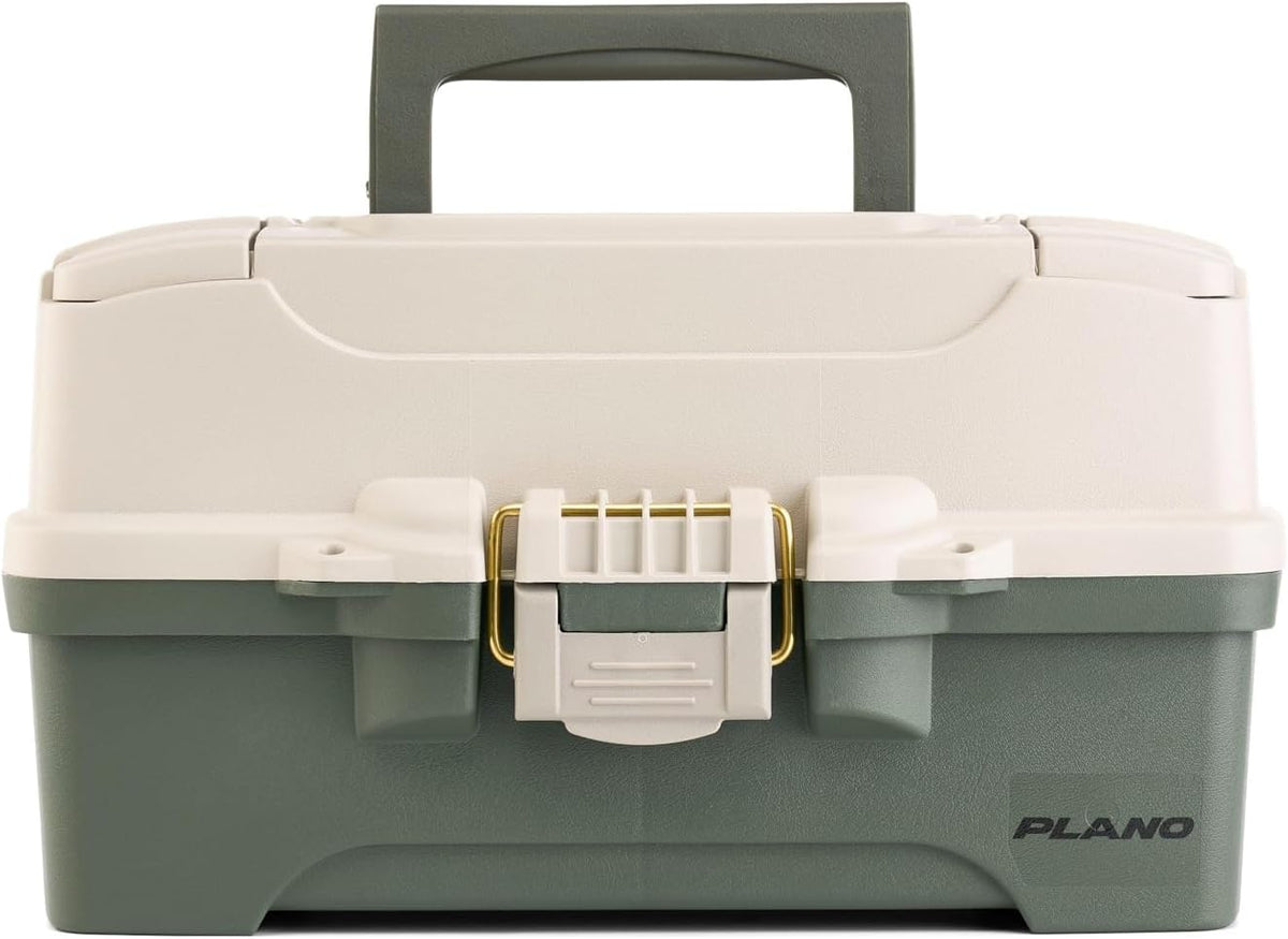 Plano Two-Tray Tackle Box, Green/Tan, Rust-Proof Brass Latch, Top-Access Tray with Deep Storage, Made in the USA, Portable Fishing Gear Storage Organizer
