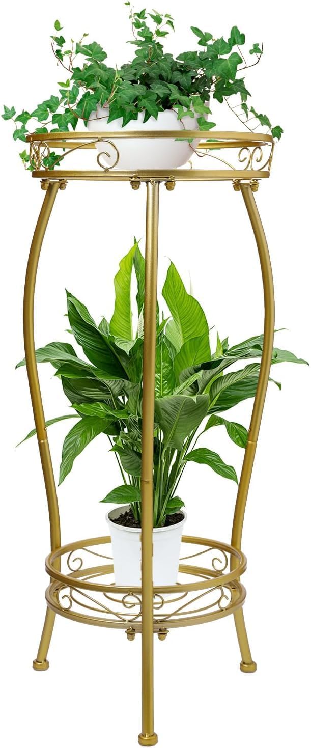 Kavlium Plant Stand Indoor Outdoor, Tall Metal, 2 Tier 27.1 Inch, Gold