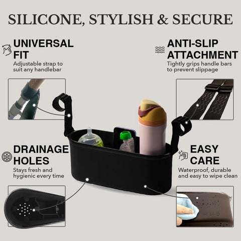 Silicone Stroller Organize, 40 oz Cup Holders, Waterproof & Easy-Clean, BPA-Free Caddy with Phone Pocket & Storage, Universal Anti-Slip Straps Fit UPPAbaby, Bugaboo, Nuna, Doona & Most Strollers