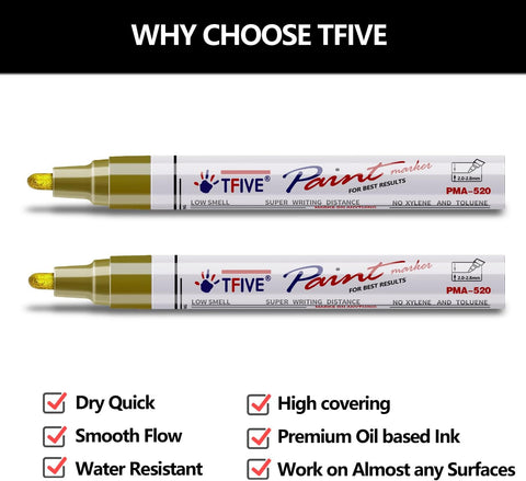 TFIVE Gold Permanent Markers Paint Pens, 2 Pack Oil Based Paint Markers