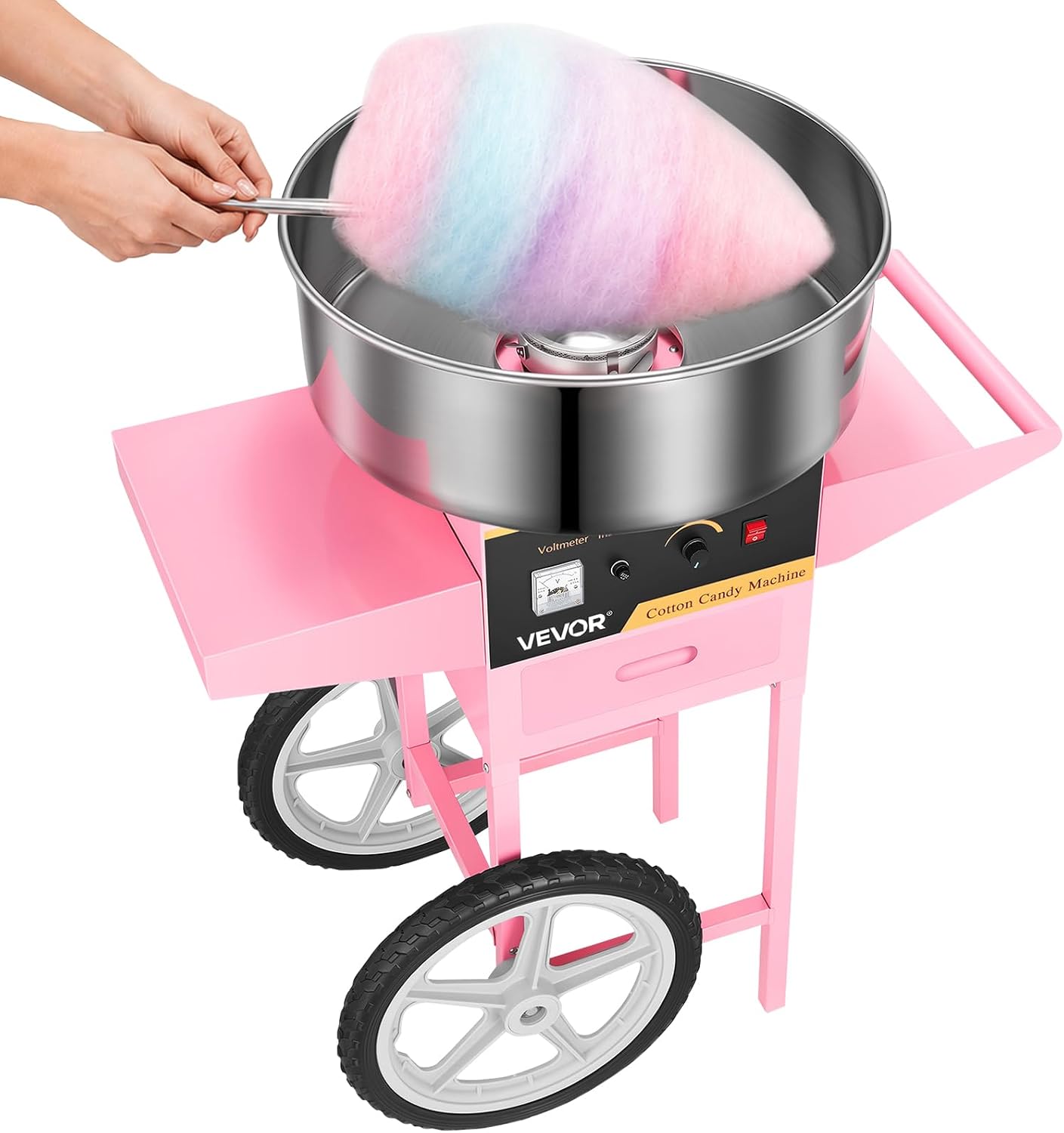 VEVOR Electric Cotton Candy Machine Cart, 1000W Commercial Floss Maker w/Stainless Steel Bowl, Sugar Scoop and Drawer, Perfect for Home, Carnival, Kids Birthday, Family Party, Pink