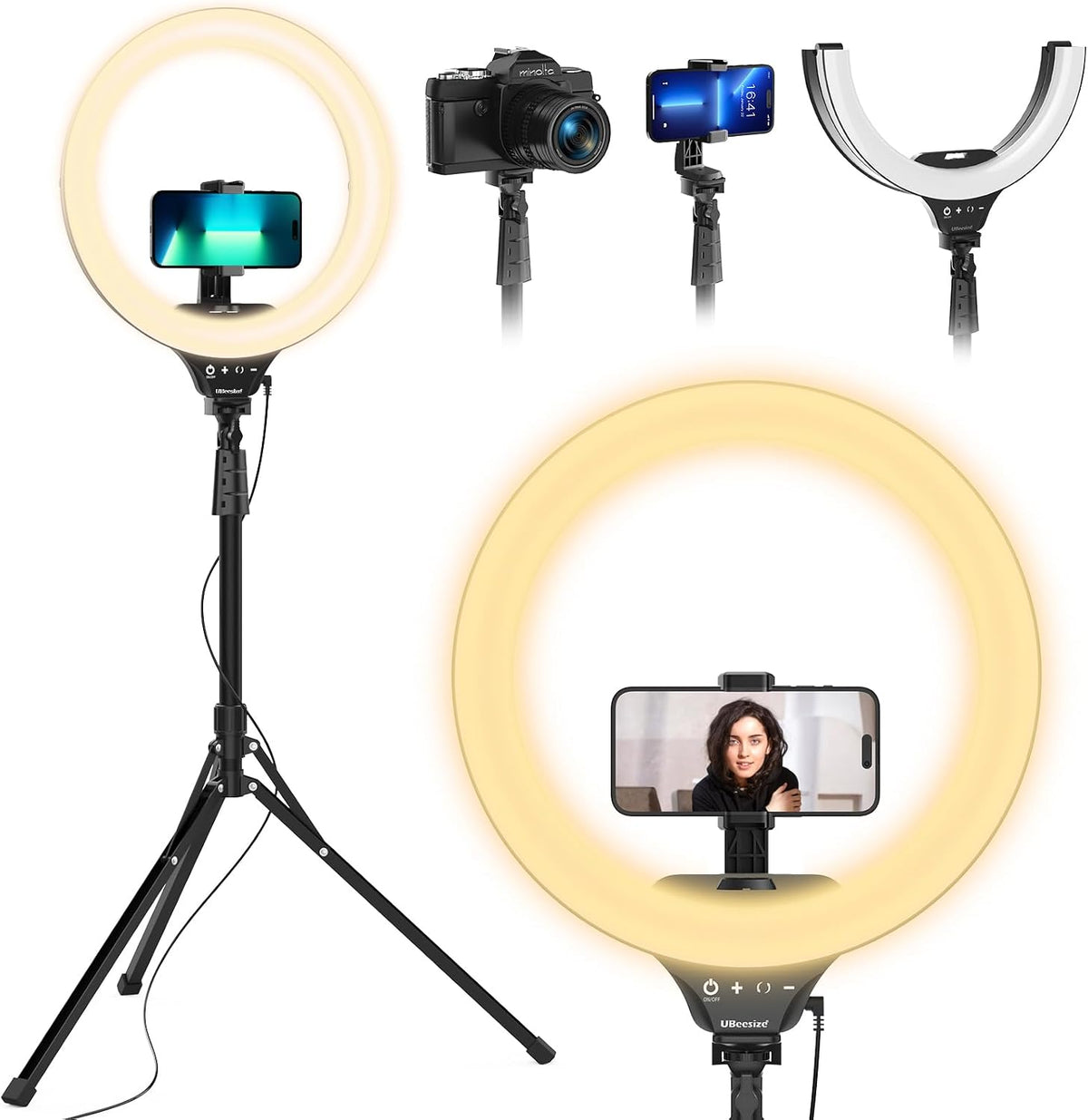 UBeesize 14'' LED Foldable Ring Light with 62'' Tripod Stand, Selfie Ring Light for Video Recording, Live Streaming, TikTok & YouTube, Compatible with iPhone & Android (Black)