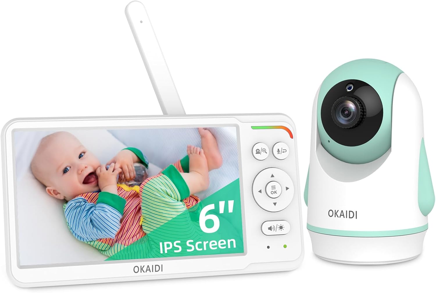 OKAIDI 6" IPS Screen Baby Monitor with Camera and Audio, Pan-Tilt-Zoom
