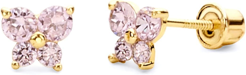 14k REAL Yellow Gold Butterfly Stud Earrings with Screw Back- 12 Different Color Available