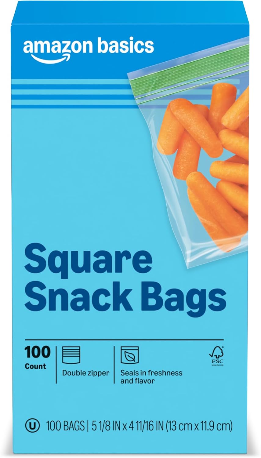 Amazon Basics Square Snack Bags with Double Zipper, Seals in Freshness, 5 1/8" x 4 11/16", 100 Count