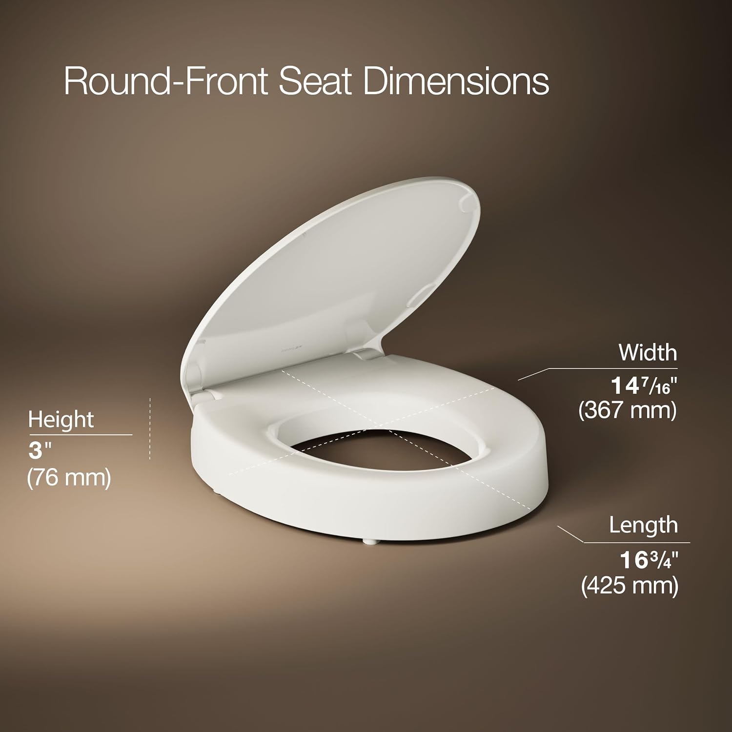 KOHLER 25876-96 Hyten 3" Height, Elevated Soft Close Round Toilet Seat, Contoured Seat with Grip-Tight Bumpers, Quick-Attach Hardware, Biscuit