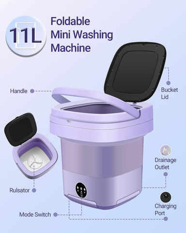 Portable Washing Machine, 11L Upgraded Large Capacity Mini Washer, Small Washing Machine for Apartments, Travel Laundry, Camping, RV, Dorm, Purple