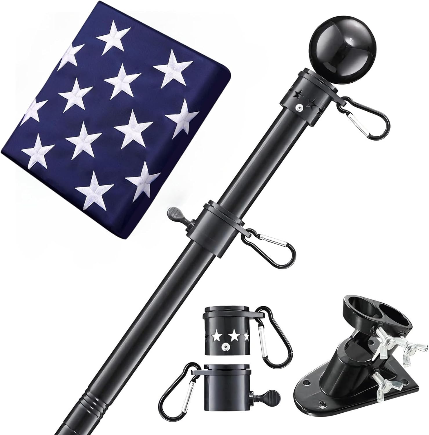 House Flag Pole With American Flag - Flagpoles Residential Kit with 5ft Tangle Free Metal Flag Pole,3x5 Embroidered US Flag,Holder Bracket,Heavy Duty Flag Poles for Outside House,Porch,Outdoor-Black