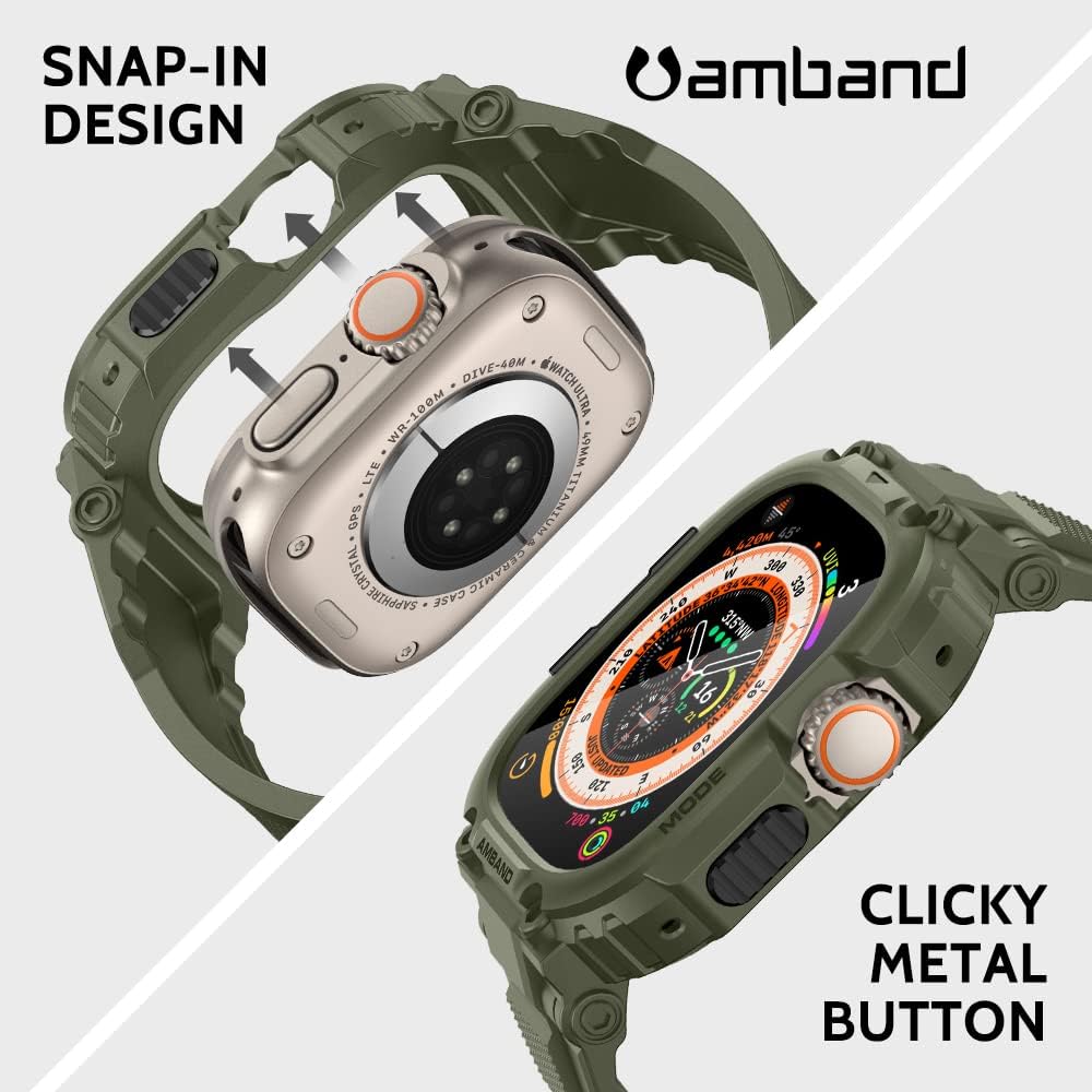 amBand Bands Case Screen Protector Compatible with Apple Watch Ultra 3/2/1 49mm, M1 Sport Series Rugged Cover Strap and 9H Tempered Glass Film, Protective Bumper for iWatch 49 mm Men Army Green