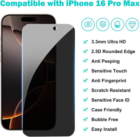 PEHAEL for iPhone 16 Pro Max Privacy Screen Protector+Camera Lens Protector