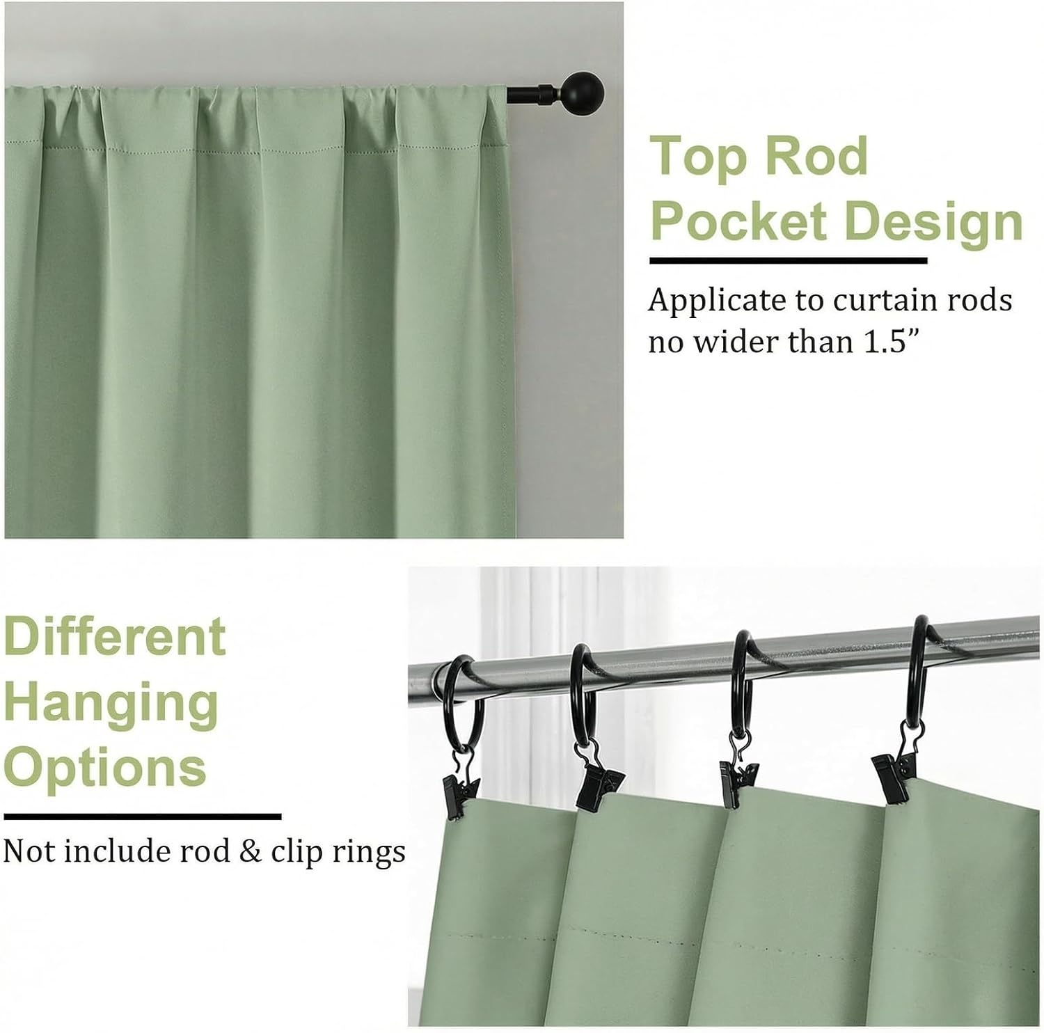 OWENIE Light Green Blackout Curtains for Bedroom 45 Inch Length 2 Panels