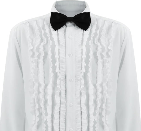 Mens Ruffled Tuxedo Shirt Retro 70s 80s Prom Ruche Frill Shirt Bowtie Button Up Long Sleeve Costume Shirts