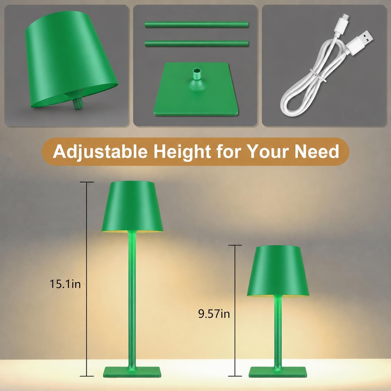 Yogaret Green Cordless Table Lamps, 6000mAh Rechargeable Battery, 2 Pack