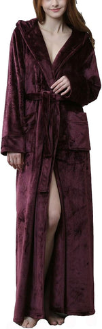 Flygo Womens Fluffy Plush Long Hooded Robe Full Length Fleece Bathrobe