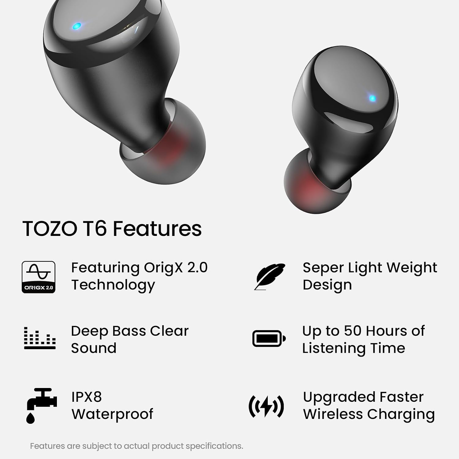 TOZO T6 Wireless Earbuds Bluetooth 5.3 Stereo Sound in Ear Headphones