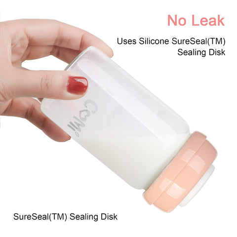 COMI Wide Neck Glass Breastmilk Collection n Storage Bottle, 6oz with Screw Ring Sealing Disk; Re-markable Sealing Disc. BPA Free, Fits Breast Pumps & Nipples (2 Pack Pink Lids)