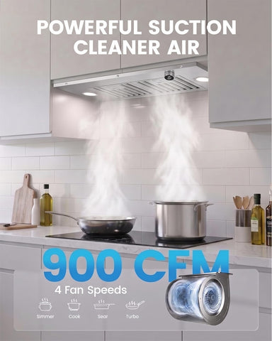 JOCO 30 Inch Range Hood Insert, 900 CFM, 4-Speed, Knob Control