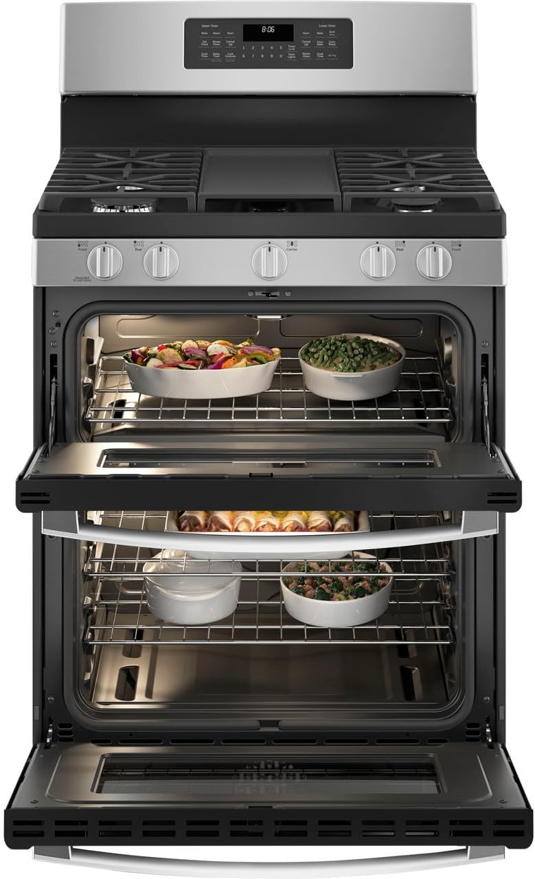 GE JGBS86SPSS 30" Free-Standing Gas Double Oven Convection Range 5 Sealed Burners, 6.8 Cu. Ft. Total Capacity, Dishwasher Safe Continuous Cast Iron Grates, Steam Clean