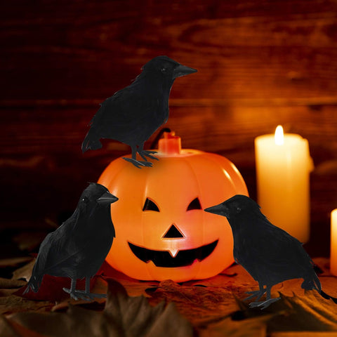 FUNPENY Halloween Black Feathered Crows, Lifelik Halloween Decoration Birds with Real Feather (6 Pack)
