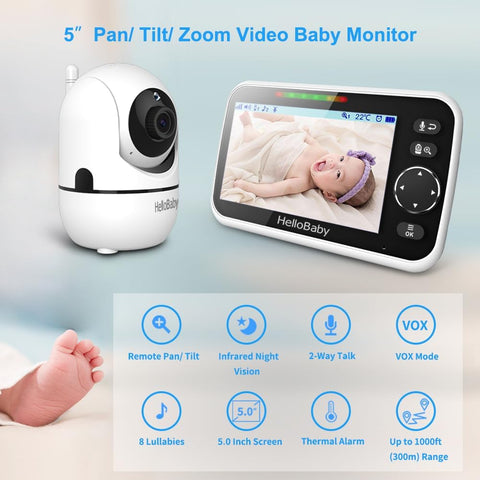 HelloBaby No WiFi Baby Monitor Camera and Audio HB6550, 5" Video Screen