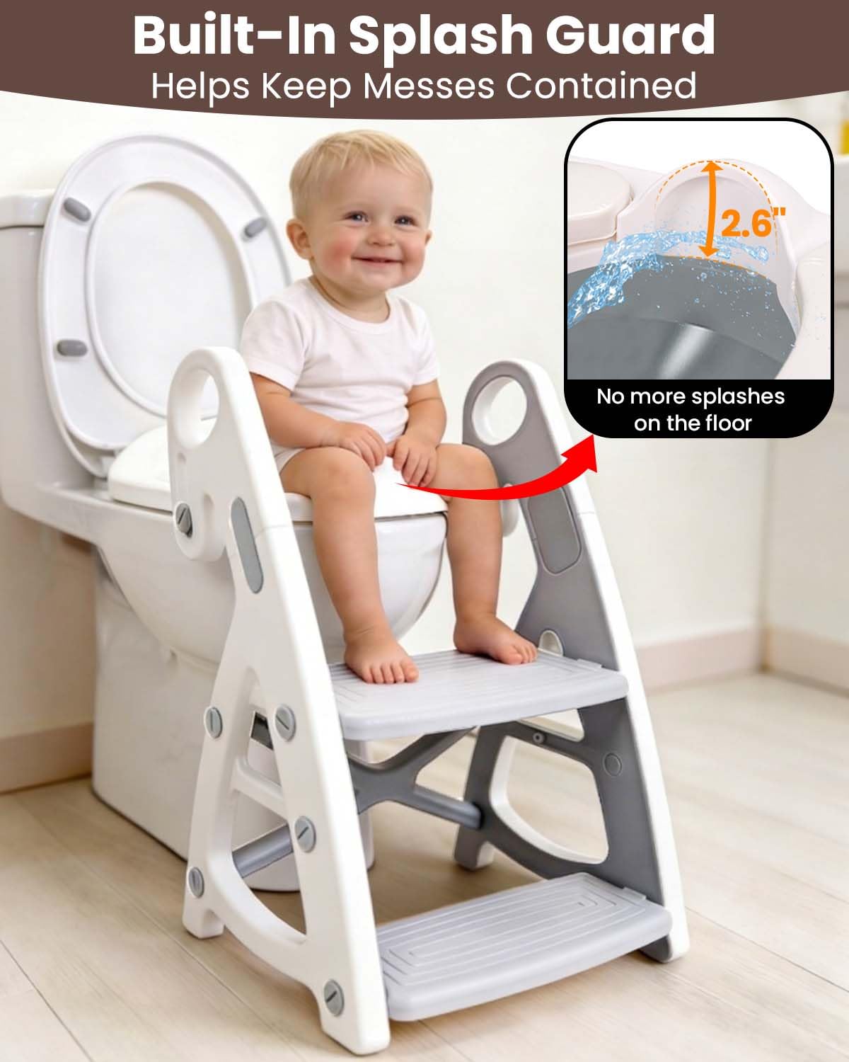 Primlect Potty Training Toilet, 2-in-1 Stable Potty Seat with Step Stool | Adjustable Seat and Step Height, Extra Wide Step, Anti-Slip Pad, Splash Guard, for Boys and Girls, Grey