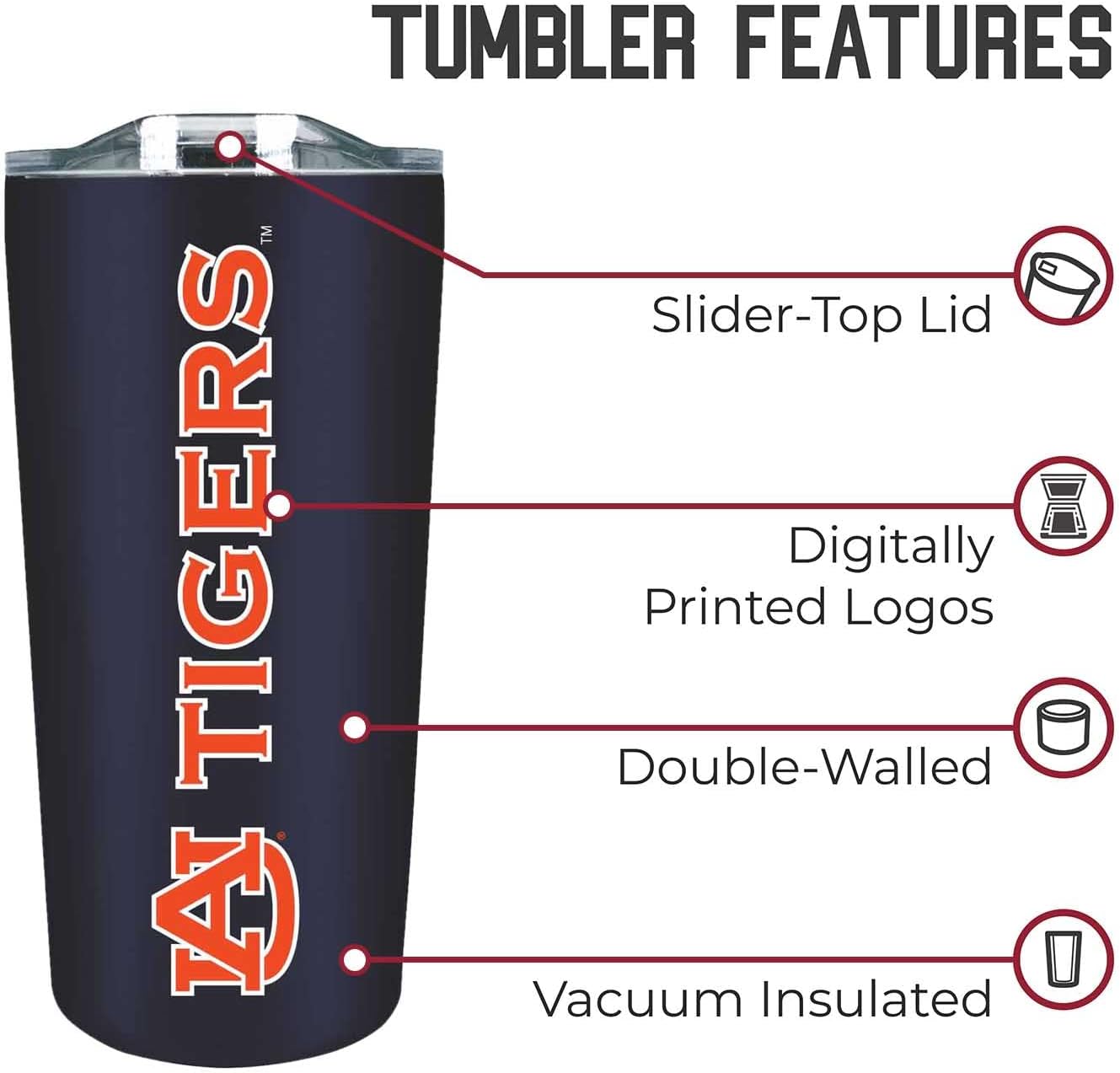 Auburn Tigers NCAA 18oz Stainless Steel Insulated Tumbler BPA-Free