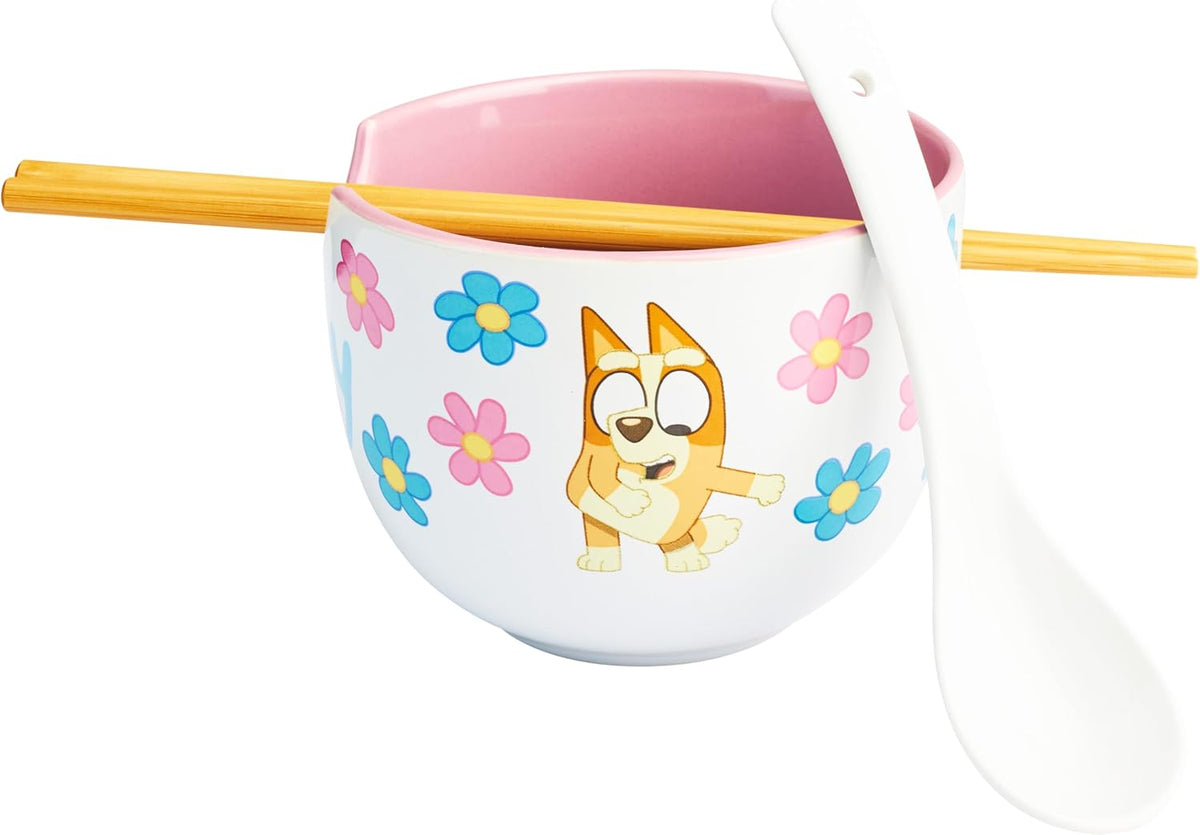 Get Trend Bluey Ceramic Ramen Bowl 3 Pc Set with Bamboo Chopsticks, Spoon for Kids Teens Adults, 20oz Noodle Bowl, Microwave Safe, Gifts for Kids (Multi Bluey)