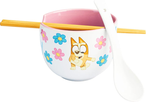 Get Trend Bluey Ceramic Ramen Bowl 3 Pc Set with Bamboo Chopsticks, Spoon for Kids Teens Adults, 20oz Noodle Bowl, Microwave Safe, Gifts for Kids (Multi Bluey)