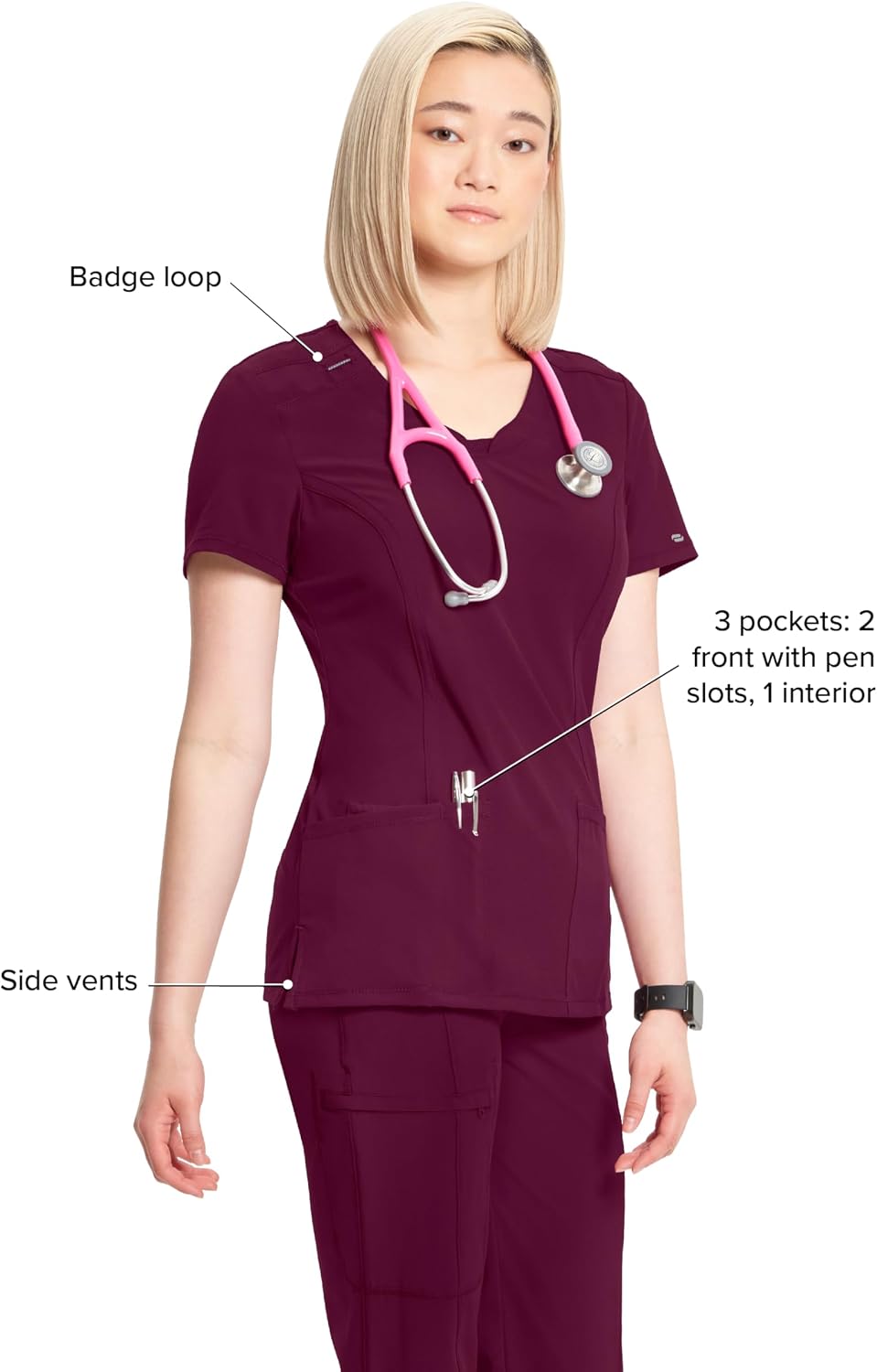 Cherokee Infinity Womens Round Neck Scrub Top with 3 Pockets