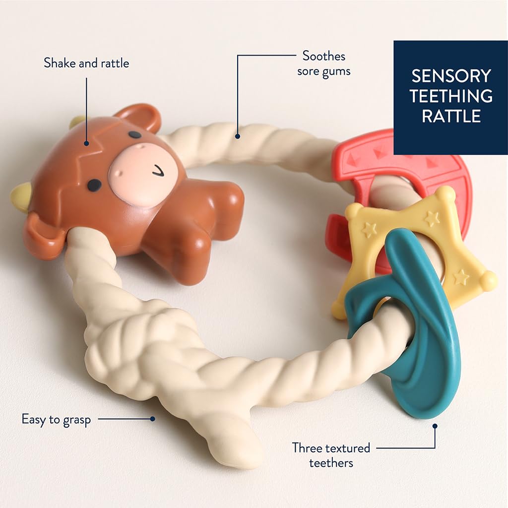 Itzy Ritzy Rattle Teether, Silicone Teething Toy w/ 3 Rings (Highland Cow)