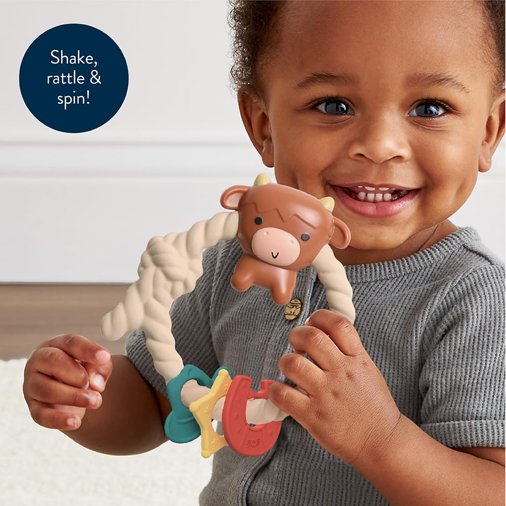 Itzy Ritzy Rattle Teether, Silicone Teething Toy w/ 3 Rings (Highland Cow)