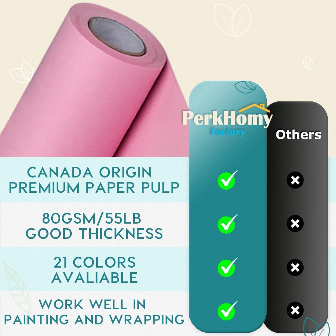 PerkHomy 24" x 1,440" (120') Light Pink Kraft Paper Roll for Craft Bulletin Board Paper Art Table Covering Crafting Gift Wrapping Bouquet Packing Parcel 80GSM 55LB (Light Pink, 24" x 120')