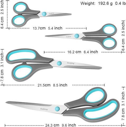Asdirne Scissors Set of 4, Premium Stainless Steel Razor Blades, Ergonomic Semi-Soft Rubber Grip, Suitable for School, Office and Family Daily Use, 9.6''/8.5''/6.4"/5.4", Blue&Gray