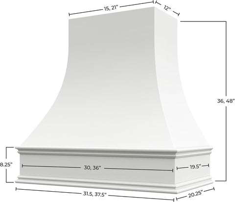 White Wood Range Hood Cover, Curved Front, 31.5"W x 36"H