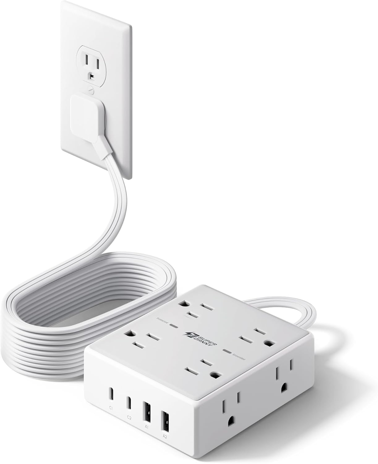 SUPERDANNY Extension Cord,Flat Plug Surge Protector Power Strip,10Ft