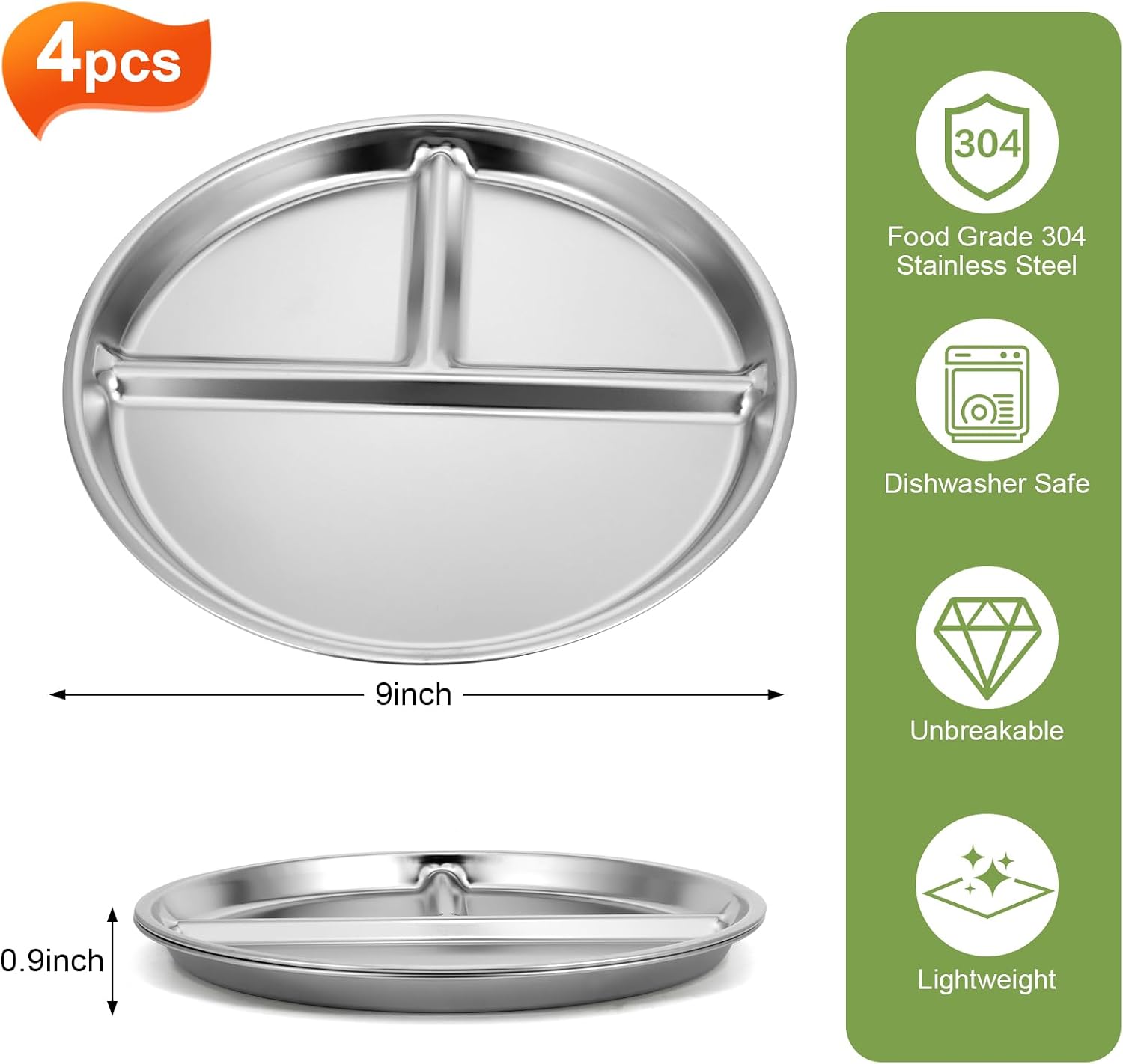 4pcs 304 Stainless Steel Kids Plates，9"Non-Toxic Circular Portion Control Plate，Suitable For Children To Use,Portion Plates For Weight Loss Adults，Reusable, Non-Toxic, Anti Drop, And Dishwasher Safe