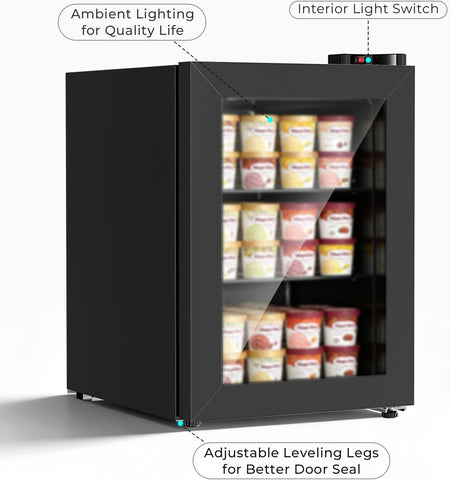 COWSAR Mini Upright Freezer Countertop, 2.2 Cu.ft Compact Display Freezer with Glass Door, 7 Adjustable Temperature Settings (-1 to -14℉), Quiet & Energy-Efficient, Dark Black